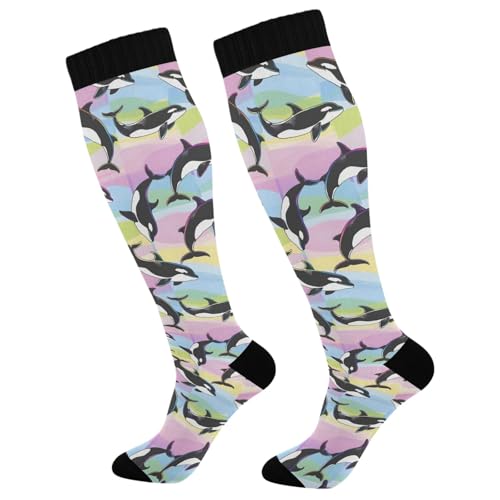 ALAZA Athletic Compression Socks Knee High Socks Stockings for Women Orcas Cartoon Rainbow Running Circulation Sport Football