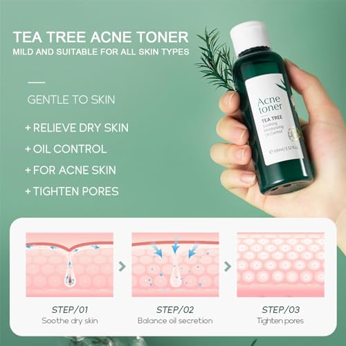 Acne Skincare Set Gifts for Teenagers Girls, Tea Tree Skin Care Set for Oily Skin, Oil Control Skin Care Kits: Toner, Serum, Gel Acne Remove, Facial Kit for Women and Girls Airplane-Friendly Sizes