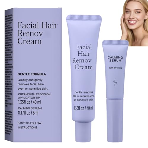 Facial Hair Remover Cream+Calming Serum,Gentle Formula,Safe for Sensitive Skin,Quickly Removes Hair from Upper Lip,Painless Hair Remover Kit for Women,All Skin Types,Depilatory Cream & Soothing Balm