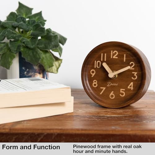 Driini Wooden Analog Desktop Clock – 4.3 in. Decorative Pinewood, No-Tick Design – Easy to Read Silent Sweep Mantle Clock – Quiet Tabletop Clocks with Wood Body, Hands, & Battery Cover; Dark - Image 3
