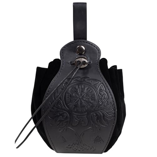 Image of Leather Belt Pouch Medieval Vintage Renaissance Viking LARP Cosplay Costumes Drawstring Coin Purse Phone Holder Waist Bag (Phoenix-Black)