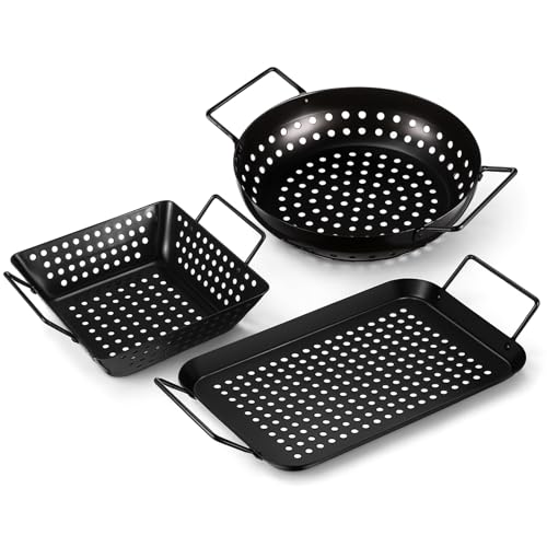 Teecyhooo 3 Pack Grill Topper Pans for Outdoor Grill, Stainless Steel Vegetables BBQ Grilling Basket with Holes Handles, Nonstick Barbecue Pan Grilling Gifts for Camping Picnic Cooking Seafood Meat
