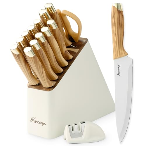 Hancorys Knife Block Set, Kitchen Knife Set with Sharpener, German Stainless Steel Gold Knives Set with Block and Ergonomic Wood Grain Handle, Ultra Sharp Cooking Knives