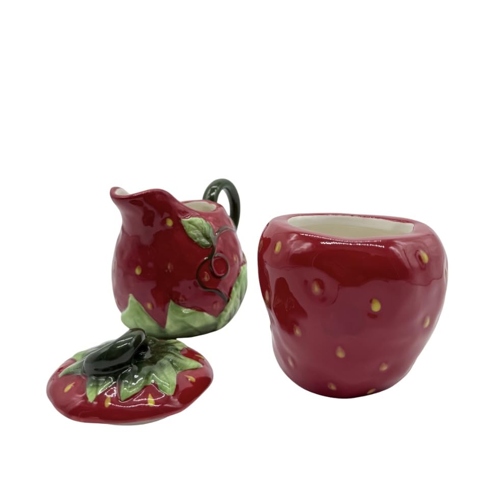 Set de Azucarero y Lechera Vintage en Forma de Fresa – Juego de Azucarero Cerámica con Tapa – Azucarero Rojo Cocina Gres 11x20 cm