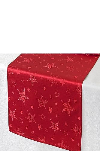 KAMACA Lotus Effekt Tischdecke Magic Stars mit Sternen Motiv - mit FLECKSCHUTZ - Flüssigkeiten perlen einfach ab Winter Weihnachten (Tischläufer 40x140 cm, Rot)