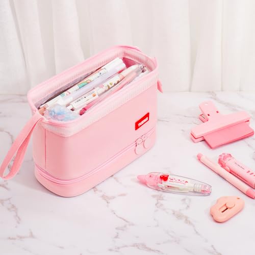 Image of Pencil Case - 2-Layer Large Capacity Aesthetic Pencil Pouch with Strong Zipper, Handheld Stationery Organizer Pen Case with Compartments for College, office, Travel, for Women Men(Pink)
