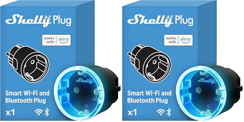 Shelly AZ Plug Negro – Enchufe Inteligente Alexa, 12A (2500 W), Tipo F, Wi-Fi, Medición de consumo eléctrico, Control remoto por app, Temporizador y Horarios, Protección IP20 (Paquete de 2)