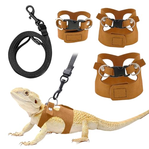 Bearded Dragon Leash and Harness Set - 3-Size Adjustable Soft Leather Vest for Training & Walking, Easy-On-and-Off Design (Brown) (Brown, 2M)