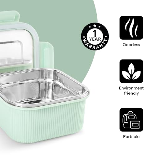 Image of Larah by BOROSIL Freshbyte Food Storage Container with Airtight Stainless Steel Lid | Fridge Container for Lunchbox | Food Grade | Microwave Safe (Green, 800 ml, Square)