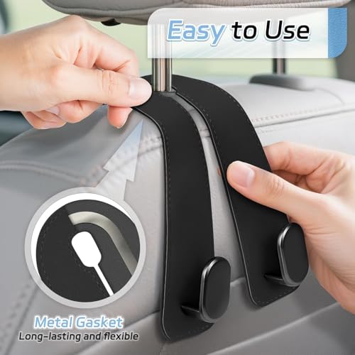Image of Car Hooks for Headrest, 2Pcs Seat Back Storage Hook Luxurious Leather Multifunctional Car Hanger & Holder for Heatrest, Seat, Bag, Purse Black (Pack of 2)