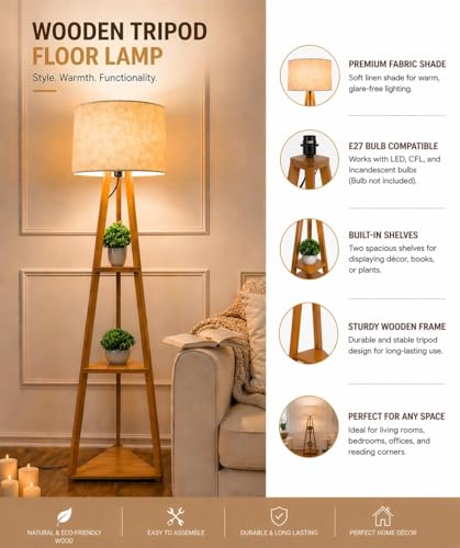 Image of Wooden Tripod Floor Lamp with 3 Shelves Modern Standing Lamp with Fabric Shade Decorative Shelf Floor Lamp for Living Room Bedroom & Home Decor Modern Standing Lamp for Living Room,Bedroom