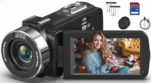 Videokamera 4K Camcorder HD 80MP 30FPS mit IR Nachtsicht, 18X Digitalzoom Webcam Videokamera, 3,0-Zoll 270° Drehung Ausgestattet...