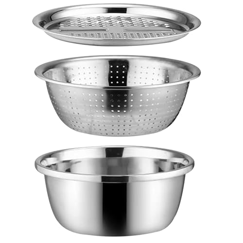 Multifunctional Stainless Steel Basin 3Pcs, 3 In 1 Stainless Steel Basin, Colander and Grater, Drain Basin with Mixing Bowl ? Slicer for Cooking, Prepping, Food Storage Stainless Steel Colander