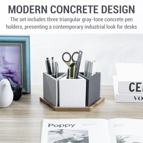 Image of MyGift Modern Concrete Desk Organizer Set with 3 Triangular Gray-Tone Pen Holders and Acacia Wood Tray, 4-Piece Office Storage Solution for Pens, Pencils, and Supplies