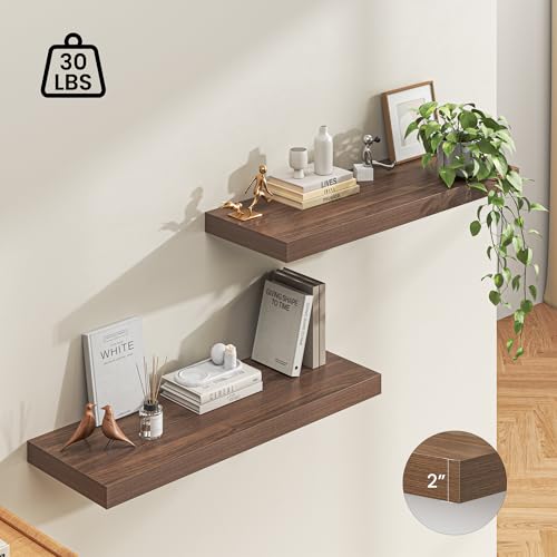 Image of Dreamland 40 inch Floating Shelves for Wall, 12 inch Deep Thicker Walnut Floating Shelves, Wall-Mounted Shelves for Bedroom, Living Room, Kitchen, Bathroom - Set of 2