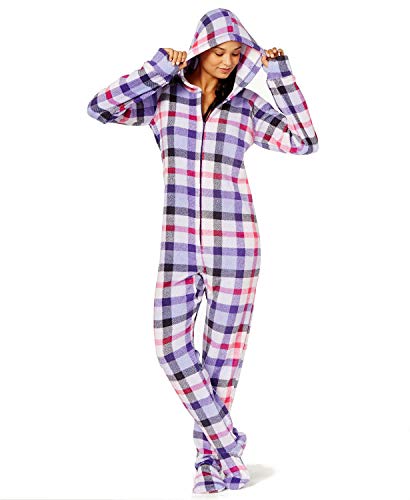 Jenni by Jennifer Moore Hooded Footed Printed Fleece Pajama Onsie (Purple Plaid) (2X)