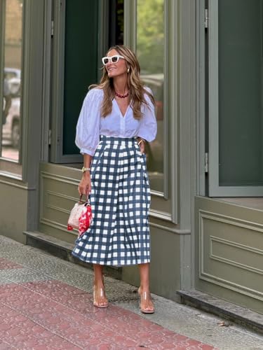 utcoco Women's Gingham Midi Skirt Retro Casual Office High Waisted A Line Pleated Checkered Skirt2
