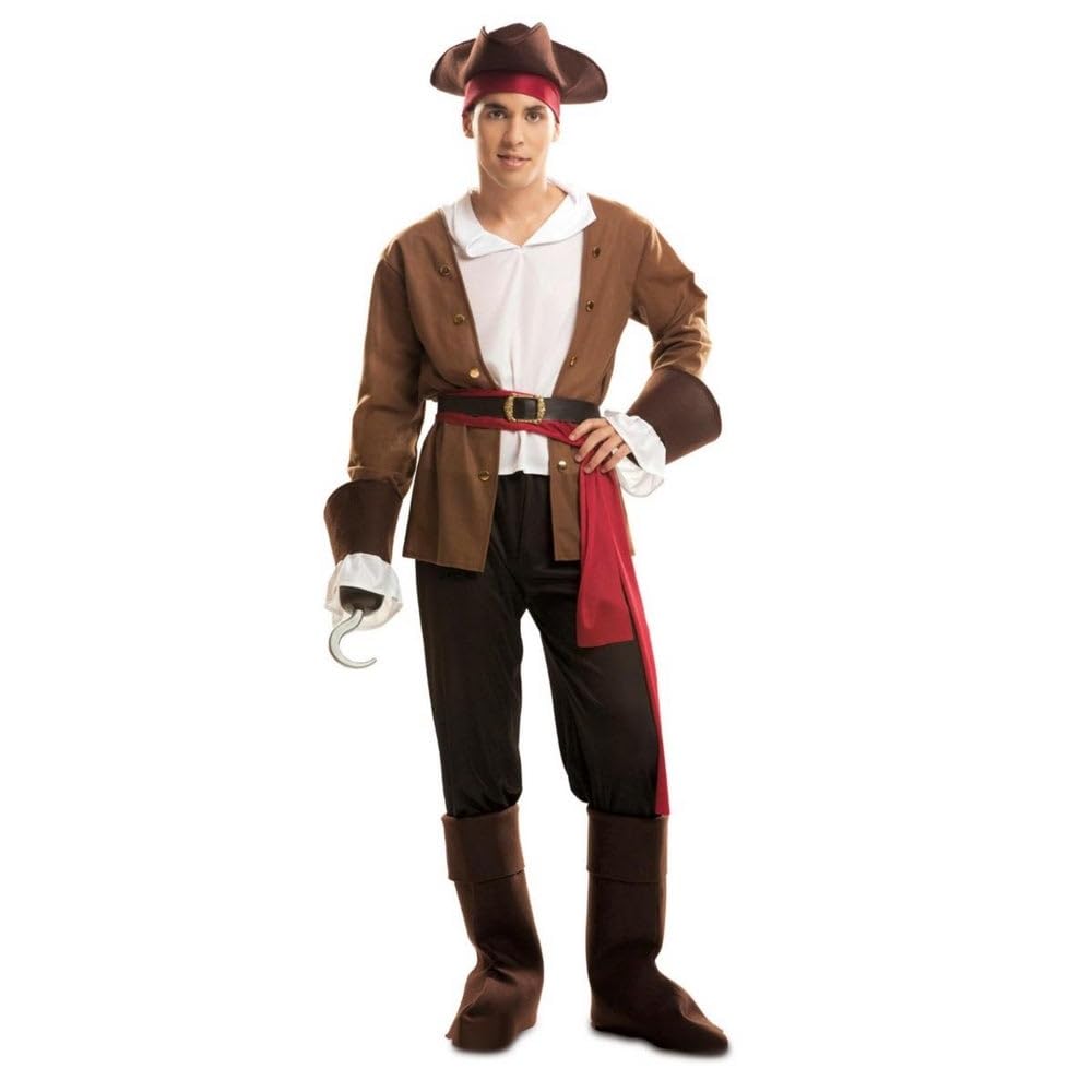 My Other Me - Pirate adult men's costume with hat, shirt, jacket, sash, belt, trousers and boot covers in white and brown.