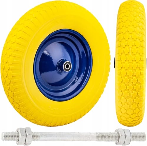 Roue de brouette PU pleine increvable – 100 kg charge – jante métallique 390 mm avec double roulement à billes – axe inclus – jaune/bleu pour chariot...