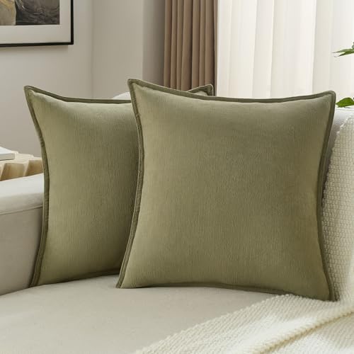 Image of FUTEI Set of 2 Solid Chenille Cushion Covers 55x55 cm, Olive Green