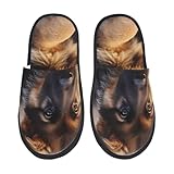 BONDIJ Pantoufles en fourrure pour femmes et hommes, berger allemand, imprimé chiot - Pantoufles d'hiver mignonnes en peluche confortables, Noir , Medium
