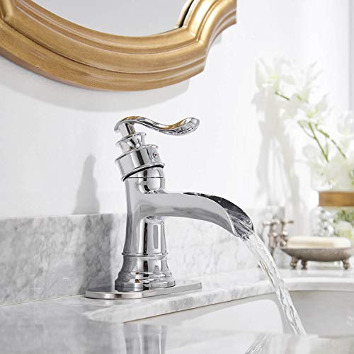 Homevacious Bathroom Faucet Chrome Bath Tub Basin Single Hole Sink Waterfall With Pop Up Drain With Overflow Vanity One Handle Lavatory Supply Line Lead-Free #TOP2