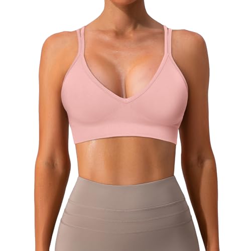 Image of V Neck Sports Bras for Women Cross Back Workout Bra for Small Bust | 3 Pack, Criss Cross, Strappy, Low Support, Removable Pads, Spaghetti Strap, Soft, A-C Cups, for Yoga Gym Athletic Fitness
