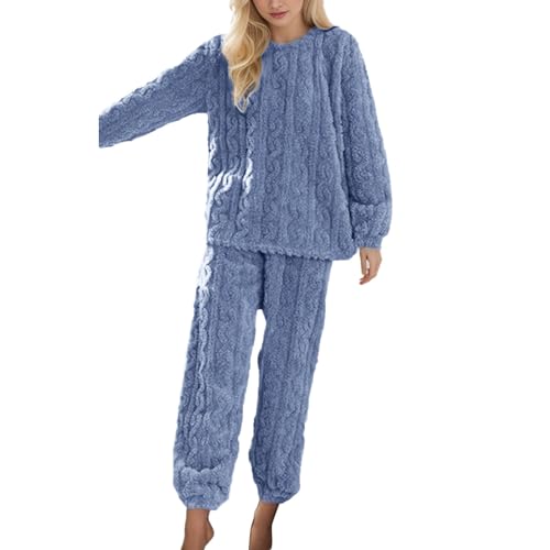 Camisones Señora Manga Corta Pijamas cálidos para mujer Conjuntos de pijamas Conjuntos de pantalones de de tamaño de forro polar acogedor Conjuntos de ropa de salón 2 piezas Asno (Blue, One Size)