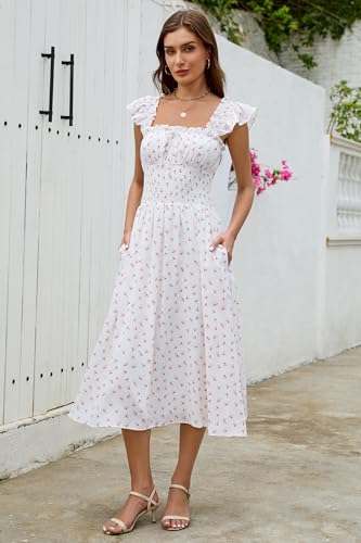 Women's 2025 Summer Flowy Maxi Dresses Casual Ruffle Sleeve Square Neck Smocked Waist Beach Vacation A Line Long Dress2