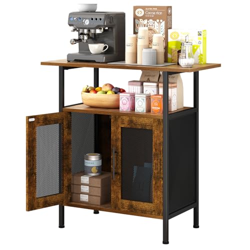 Hencawima 3 Tier Coffee Bar Cabinet with Storage, Coffee Stand Station Table with Visual Magnetic Doors, Entryway Console Table with Storage Shelf for Kitchen Living Room, Entryway, Rustic Brown