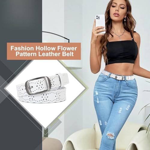 Women Genuine Leather Flower Leather Belt for Jeans Pants, Soft Leather with Solid Pin Buckle3
