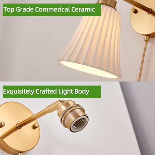 Image of Fetason Plug in Wall Sconces Set of 2, Modern Ceramic Gold Wall Sconce Light with Switch, Vintage Bedside Wall Lamp Light Fixtures for Living Room Bedroom Kitchen Home Office Hallway