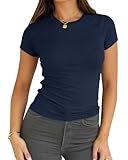 Abardsion Women Casual Raglan Sleeve Slim Fit T Shirts - 2026 Summer Crewneck Short Sleeve Basic Going Out Tops Workout(Navy Blue, XL)