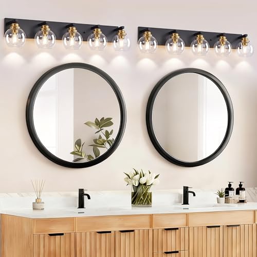 Image of LmnLvn Bathroom Light Fixtures, Farmhouse Black & Gold Metal with Globe
