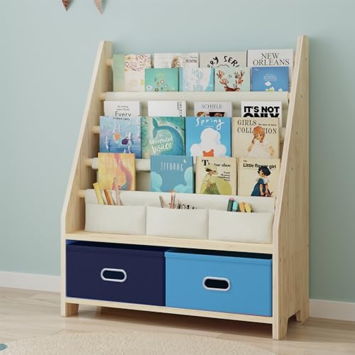 4 Tier Kids Book Shelf, Wooden Kids Book Rack Storage Bookshelf with Toy Storage ...