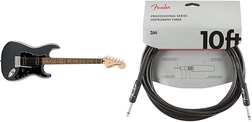Squier Affinity Series Stratocaster - Guitarra eléctrica, carbón metálico escarchado, diapasón de laurel y cable de instrumentos de la serie