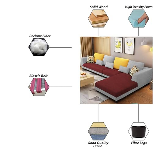 Image of Galib RHS 6 Seater L Shape Sofa Set for Living Room (Maroon Grey Fabric) Premium Fabric Sofa
