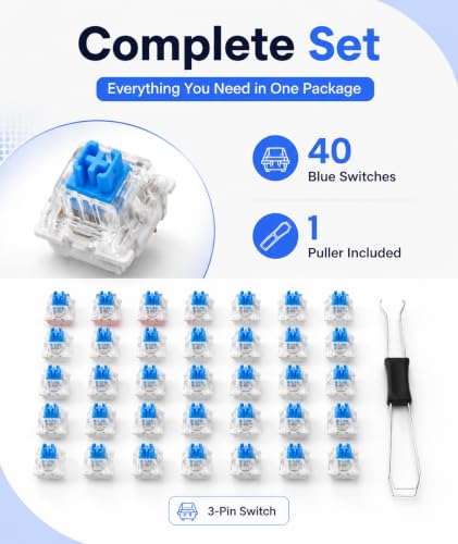 Image of 40PCS Keyboard Switches, Blue Mechanical Switches with Key Puller, Compatible with Gaming and Office Keyboards, Tactile Clicky 3-Pin Design for Typing and PC Builds