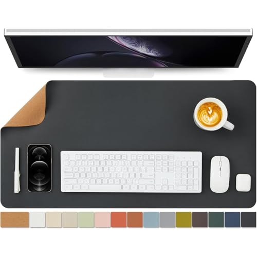 Large Desk Pad, Non-Slip PU Leather Desk Mouse Pad Waterproof Desk Pad Protector, Dual-Side Use Desk Writing Mat for Office Home, 31.5'' x 15.75'' (Black & Cork)