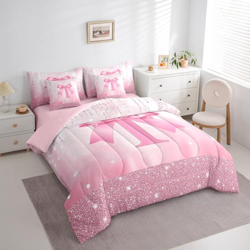 Image of Feelyou Boys Girls Pink Bowknot 7 Pieces Bedding Set Full Size, Personalized Initial T Comforter Set with Sheets Princess Glitter Bed in A Bag Kids Bow Monogrammed Teens Bed Set Bedroom Decor 7Pcs
