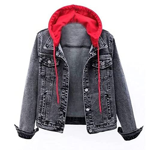 Jeansjacka med huva damer stora storlekar: Jeans jackor för kvinnor oversize denimjacka långärmad sweatjacka med dragsko huvjacka höst övergångsjacka lätt sommarjacka kappa damjeansjackor, Z1-röd, L