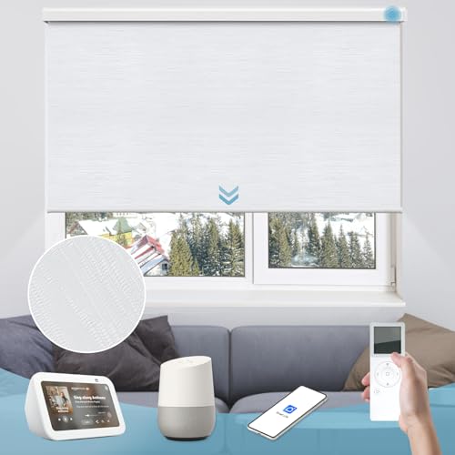 Videma Motorized Roller Shade, Smart Blackout Shade for Window with Remote, Automatic Blind for Smart Home, Free Stop Cordless Shade Customized Size (Jacquard White)