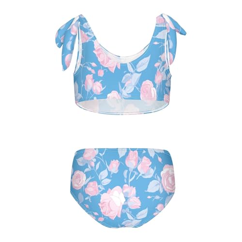 Blue Color Pattern Roses Girls' Two Piece Kids Bikini Set Scoop Neck Swimsuits Swimwear Adjustable Strap2