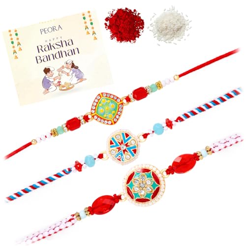 Image of Peora Rakhshabandhan Thread Rakhi for Brother Bhaiya | Crystals & Kundan Studded | Combo, Set of 3 | Rakhi Hamper with Roli Chawal & Greeting Card