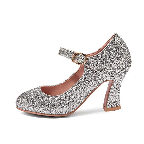 Joojaky Women's Chunky Heel Cushioned Dress Pumps Buckled Fashion Glitter Heeled Shoes2