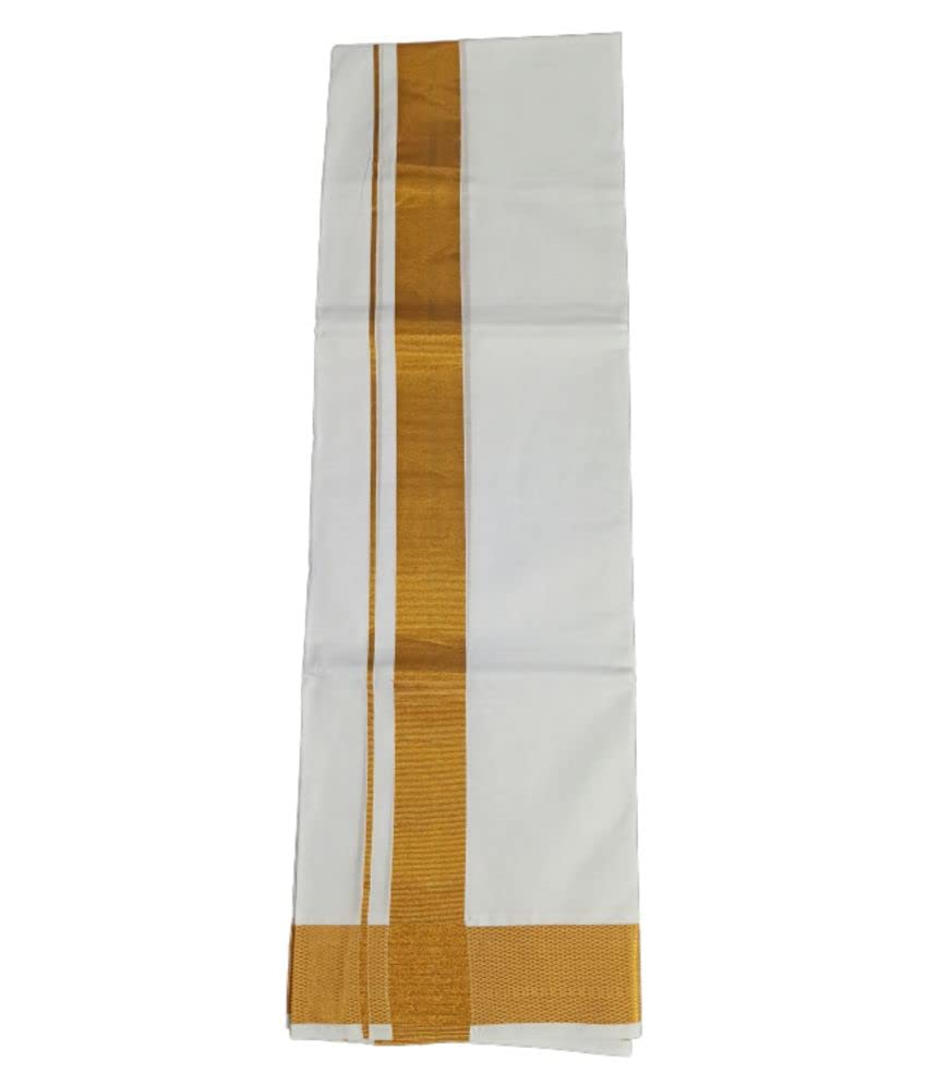 Kolakeer™ Men's Cotton Kasavu Dhoti and Angavastram Set - 2.0Mtrs 100K Veshti Mundu and 100K 1.8Mtrs Angavastram (WBB-White)2