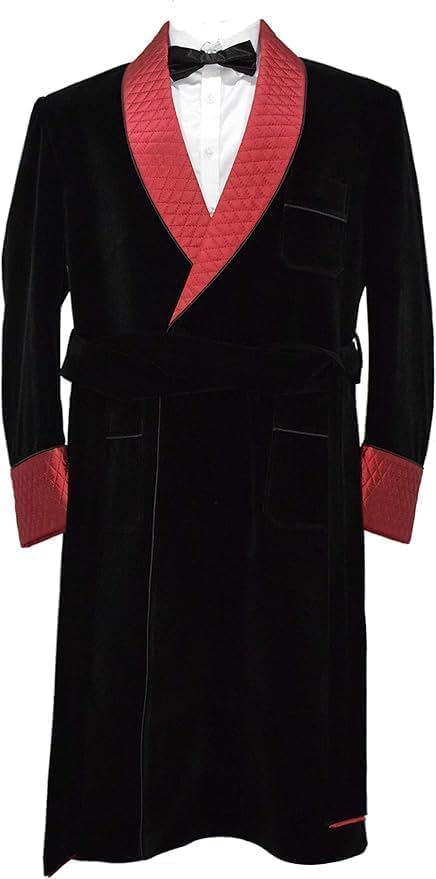 Men’s Black Velvet Smoking Robe with Red Quilted Satin Shawl Lapel – Luxury Vintage Dinner Jacket