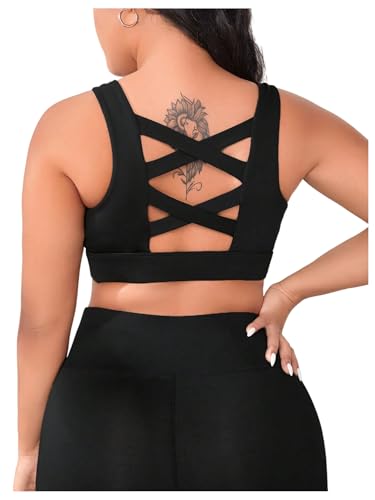 OYOANGLE Women's Plus Size Solid Criss Cross Crew Neck Backless Sports Bra