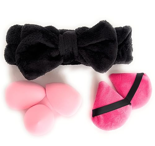 Set para rutina skin care, tres esponjas de maquillaje, diadema para lavar la cara y dos esponjas de maquillaje aplicador de polvos. Todo para tu rutina de lavado facial o para regalo