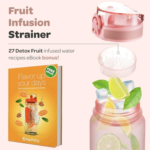 Image of Hydracy Water Bottle with Time Marker - Large 500 ml 17 Oz BPA Free Water Bottle - Leak Proof & No Sweat Gym Bottle with Fruit Infuser Strainer - Ideal for Fitness or Sports & Outdoors - Rose Gold
